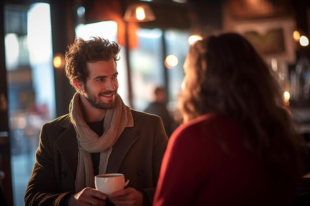 Photo man having coffee while looking at woman in cafe