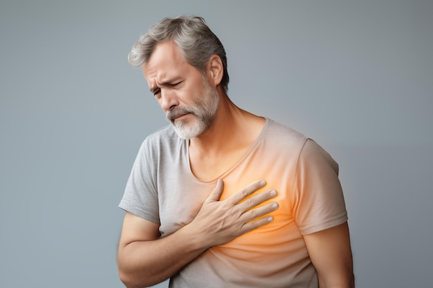 man having heart attack healthcare concept Stress health concept Elderly man experiences chest pain