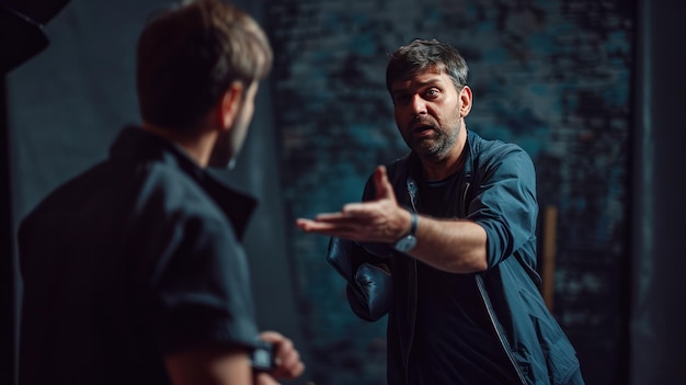 Photo man having an intense discussion with a reflection in front of a dark background emphasizing communi