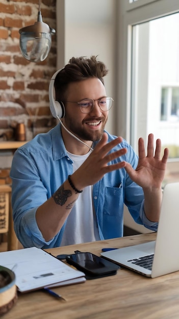 Photo man having video call with helpline operator