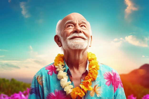 A man in a hawaiian shirt looks up at the sky