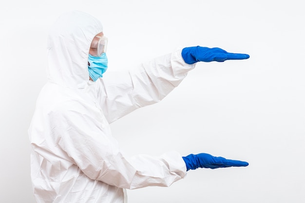 Man in hazmat suit with copy space