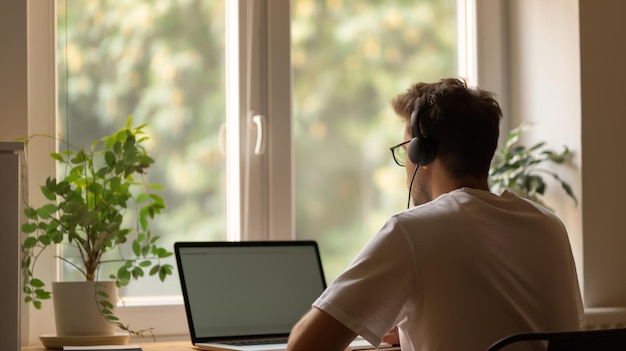 Photo man in headphones sitting at desk by window with laptop and plant