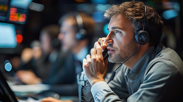 Photo man in a headset speaking on the phone in a busy office