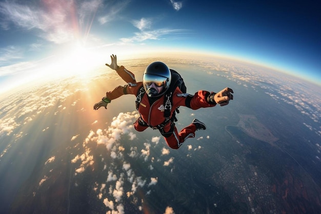 A man in a helmet is flying in the air above the earth.