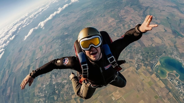 a man in a helmet is flying high above a city