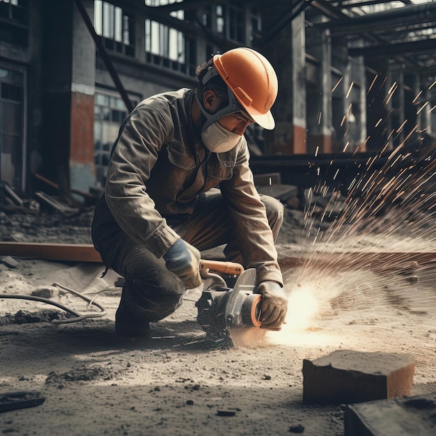 A man in a helmet and a mask is using a grinder in a factory.