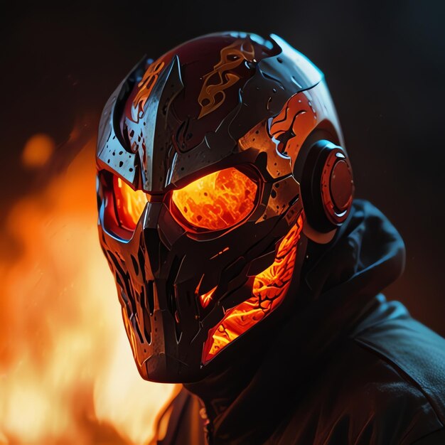 a man in a helmet stands in front of a fire with the sun shining through his eyes