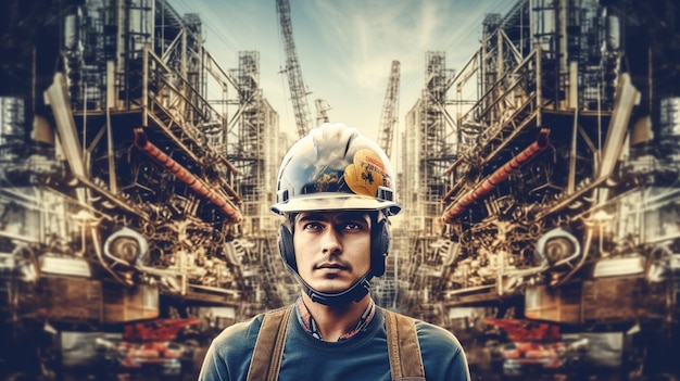 A man in a helmet stands in front of an industrial area with a background of industrial buildings and a background of smoke stacks.