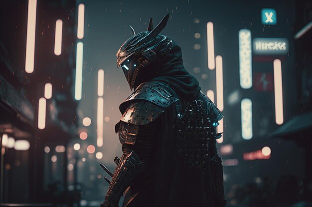 A man in a helmet stands in the rain in a city at night.