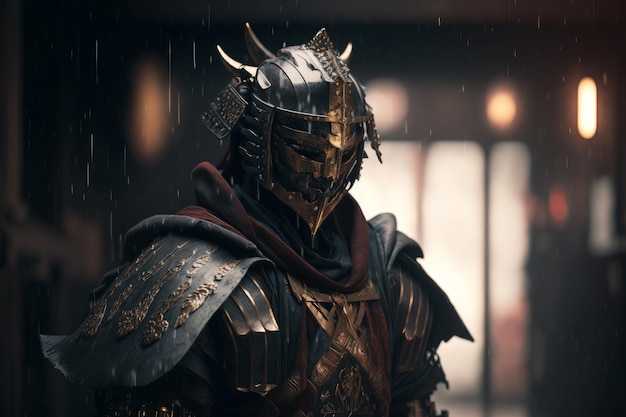 A man in a helmet stands in the rain with the word samurai on the front.