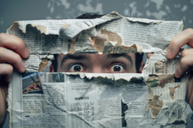 A man hides his face behind a newspaper seeking anonymity and refuge from the world shielded by the words printed on the paper