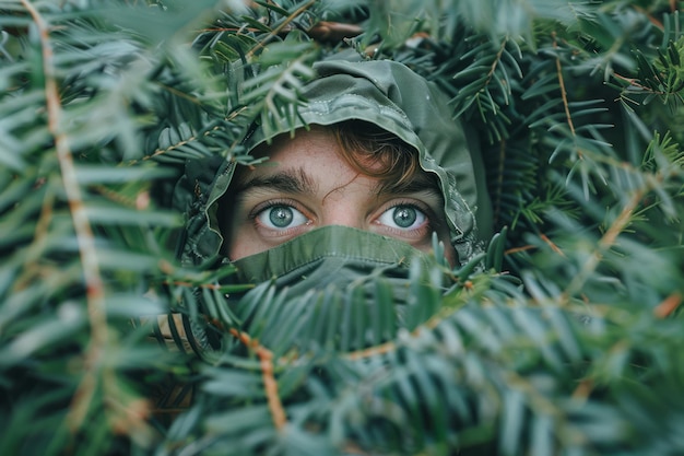 Photo man hiding in green foliage with camouflage hat peering out with intense eyes