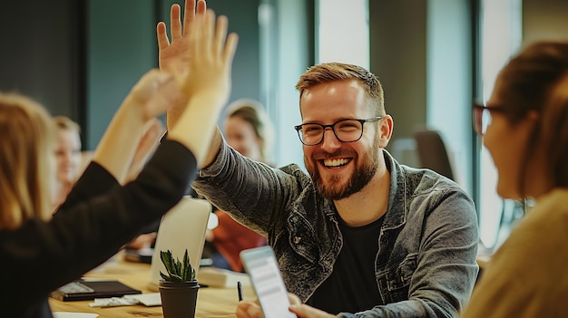 Photo a man highfiving a colleague with a big smile