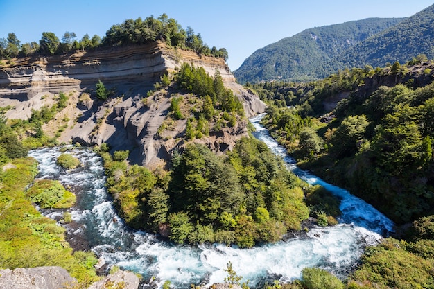 Man in hike in volcanoes region (Araucania) in Chile, South America