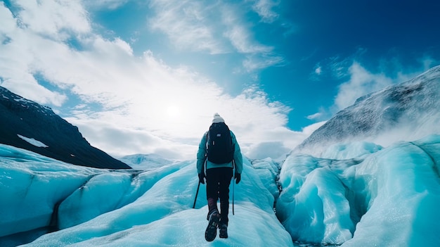 A man hiking on a glacier with the sun shining on him.