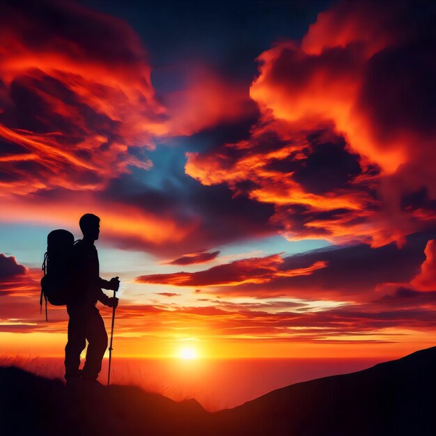 Man Hiking in the Mountains Silhouette of Adventure