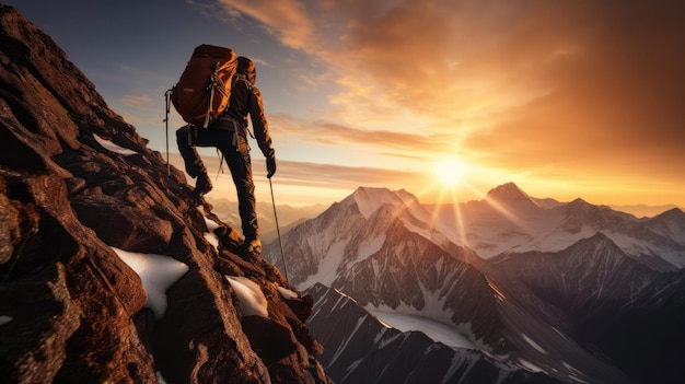 Man hiking at sunset mountains with backpack Travel Lifestyle wanderlust adventure concept summer vacations outdoors alone into the wild