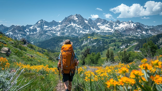 a man hiking a trail with a backpack on his back