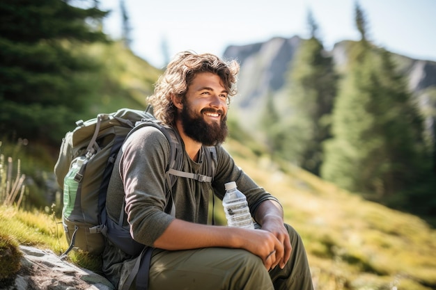 Photo man hiking with a backpack in the wilderness surrounded by plants and mountains