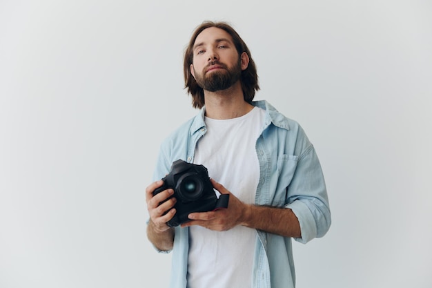 Man hipster photographer in a studio against a white background holding a professional camera and setting it up before shooting Lifestyle work as a freelance photographer