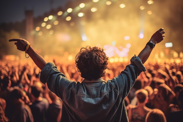 Man on his back with his arms raised enjoying a concert among the public of a music festival