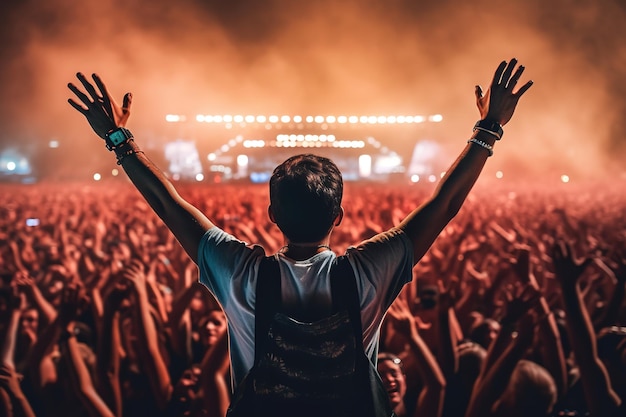 Man on his back with his arms raised enjoying a concert among the public of a music festival