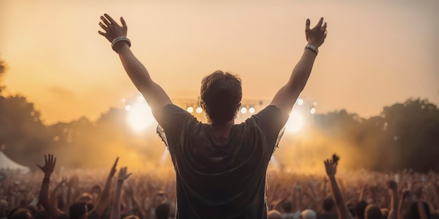 Man on his back with his arms raised enjoying a concert among the public of a music festival