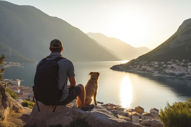 Man and his beloved dog as they stand on the peak of a mountain Generative AI