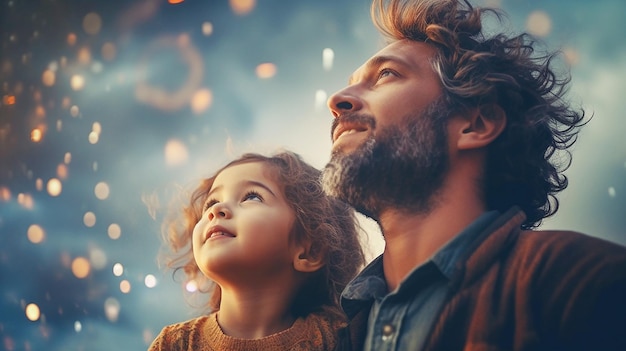 A man and his child looking up at the sky