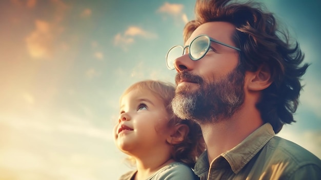 A man and his child looking up at the sky