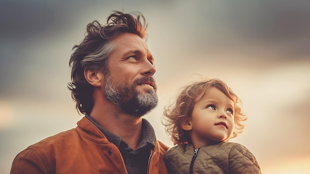 A man and his child looking up at the sky