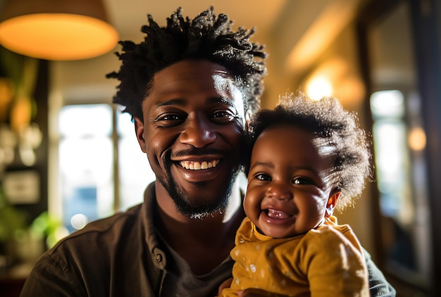 A man and his child smile at the camera