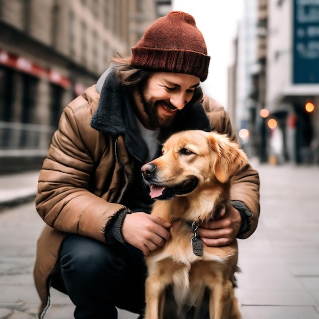 a man and his dog are outside in the city