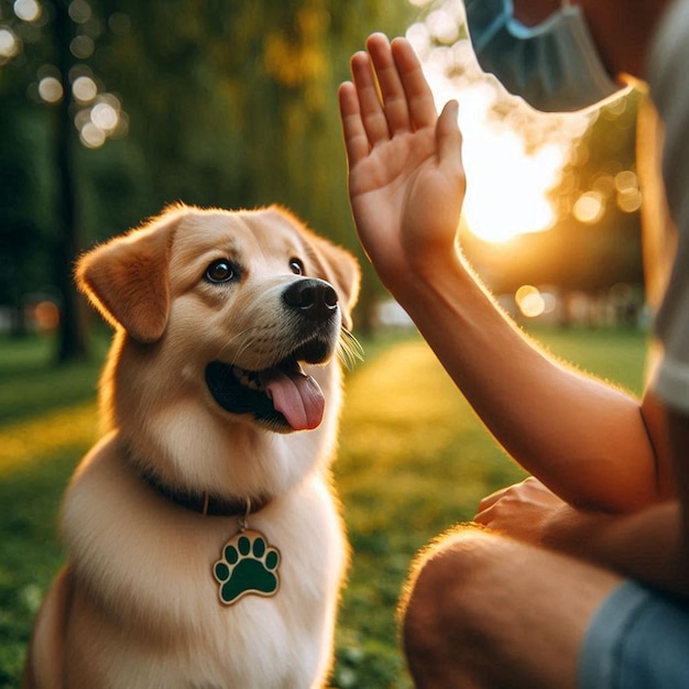 a man and his dog are outside and one of them is wearing a collar with a tag that says quot paw quot