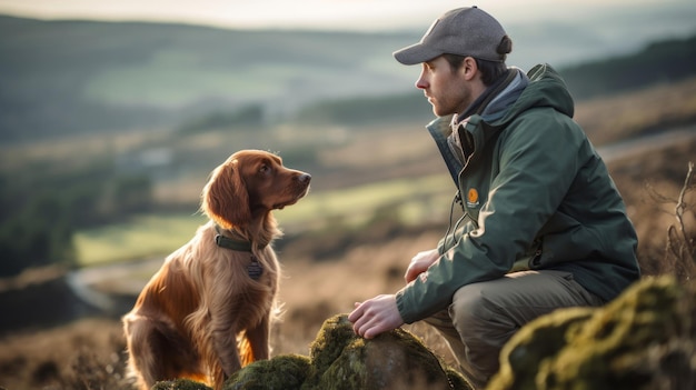 a man and his dog are sitting on a hill and looking at the camera