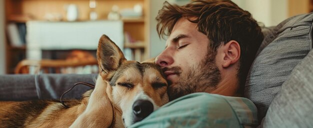 Photo a man and his dog are sleeping on a couch