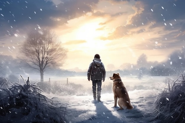 A man and his furry friend exploring a snowy meadow with gentle snowfall