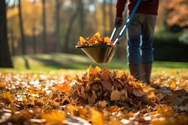 Man in his hands with a rake collects fallen autumn leaves in the park