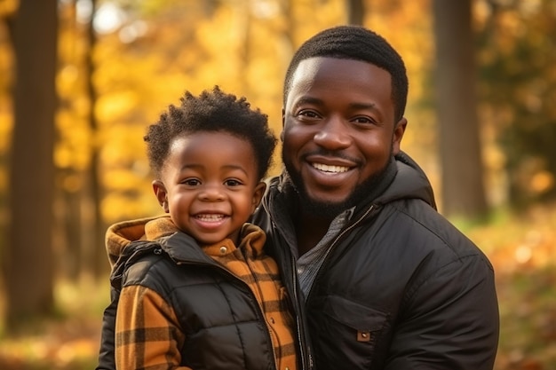 A man and his son are smiling in a park.