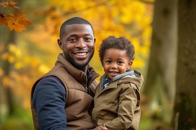 A man and his son pose for a photo in front of autumn leaves