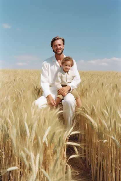 A man and his son sit in a field of wheat