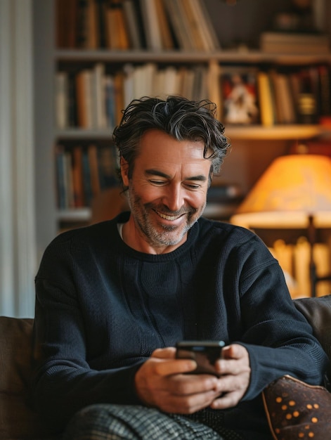 A man in his thirties using a mobile device happily at home