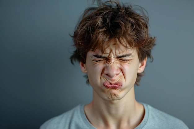 A man in his thirties wearing casual and making an exaggerated expression of fear or pain on gray b