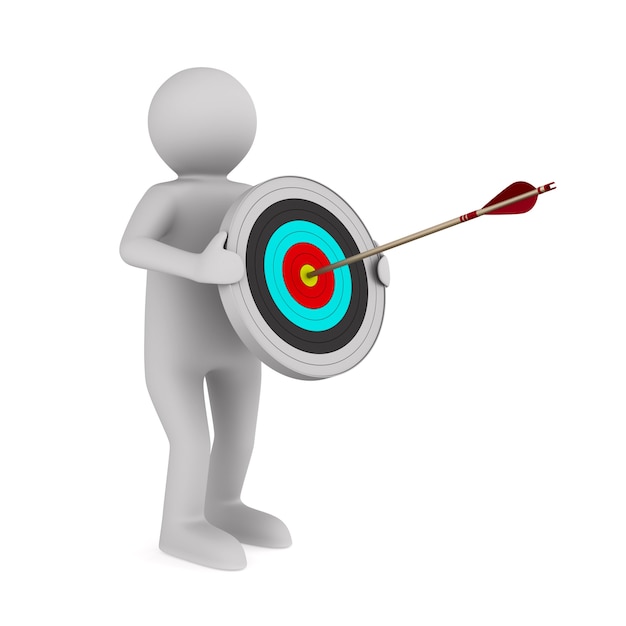 Man hold arrow and target on white background. Isolated 3D illustration