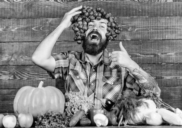 Man hold grapes wooden background Farmer proud of grapes harvest Fresh organic harvest Grapes from own garden Farming concept Farmer bearded guy with homegrown harvest grapes put on head