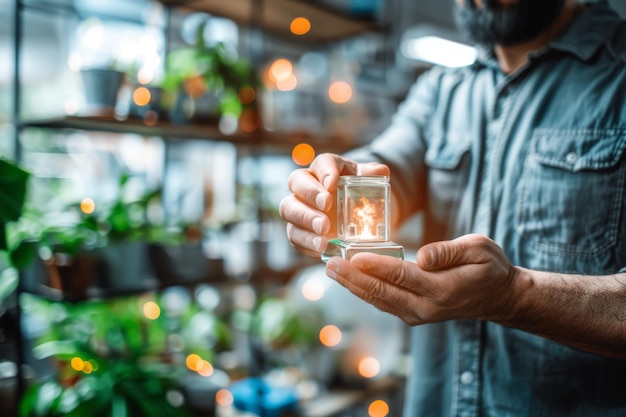 Man Holding AI Processor with Digital Interface in Modern Laboratory