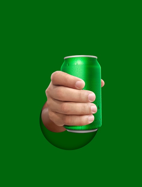 Man holding aluminum can with water droplets on green background