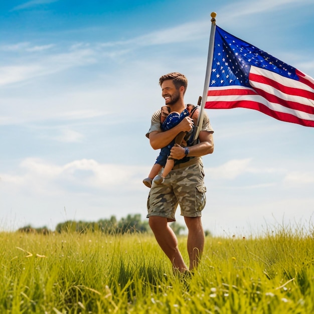 Photo a man holding a baby and a flag that says quot the united states quot