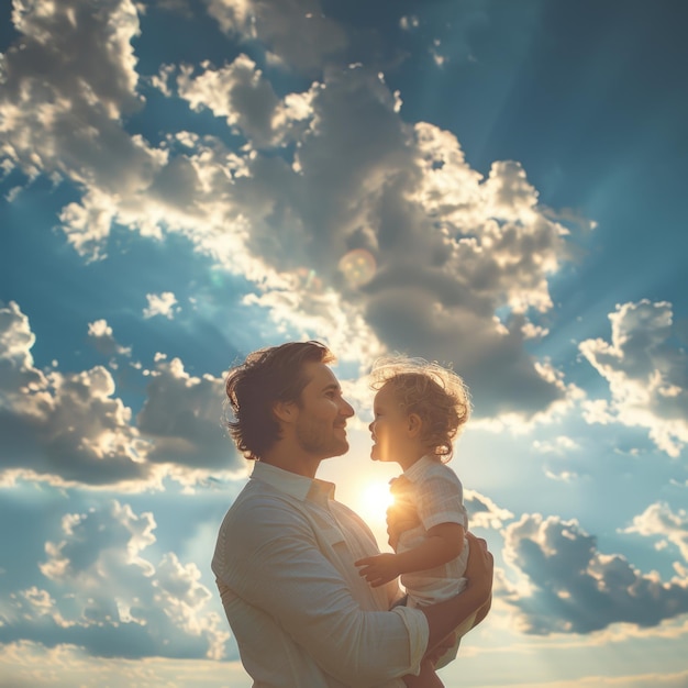 Photo a man holding a baby and the sky behind him